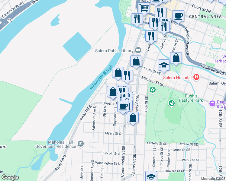 map of restaurants, bars, coffee shops, grocery stores, and more near 280 Bush Street South in Salem