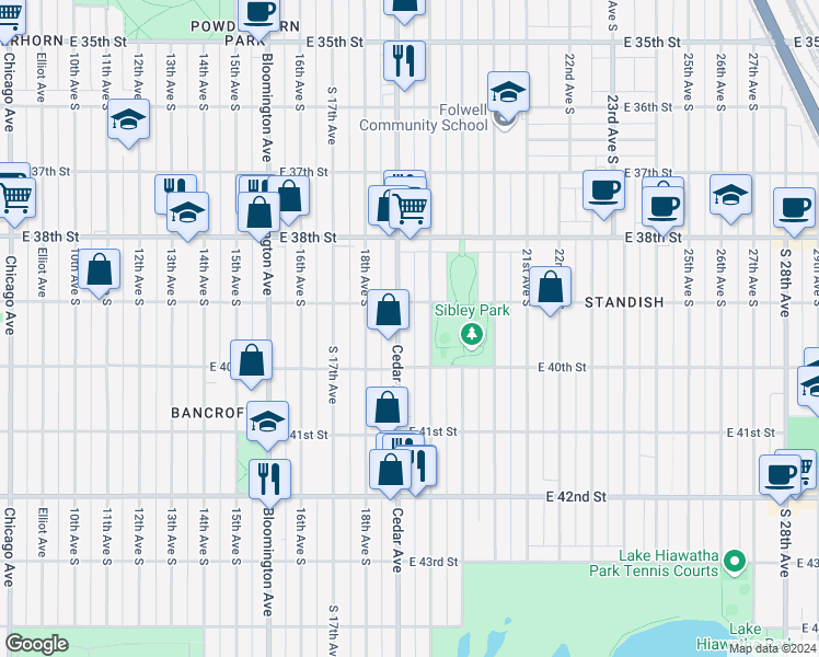 map of restaurants, bars, coffee shops, grocery stores, and more near 3936 Cedar Avenue in Minneapolis