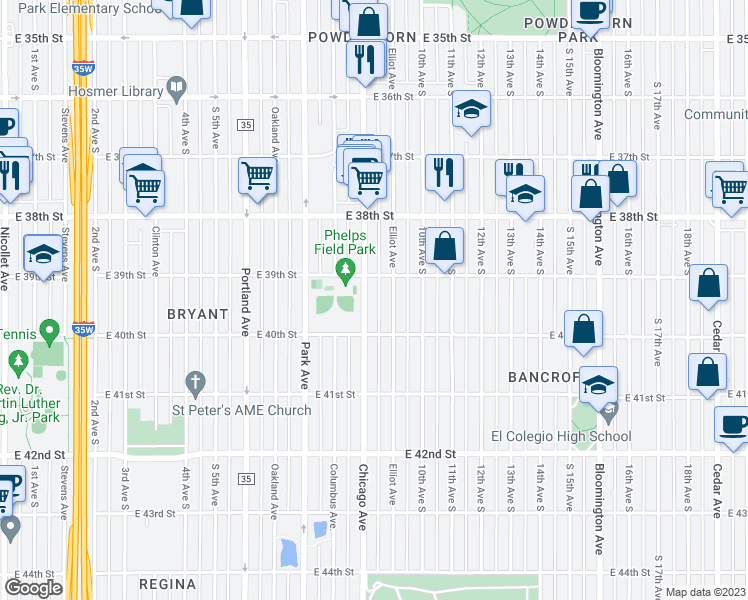 map of restaurants, bars, coffee shops, grocery stores, and more near 3945 Chicago Avenue in Minneapolis