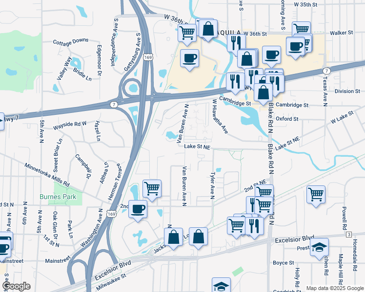 map of restaurants, bars, coffee shops, grocery stores, and more near 337 Van Buren Avenue North in Hopkins