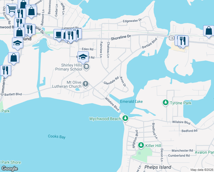 map of restaurants, bars, coffee shops, grocery stores, and more near 2567 Emerald Drive in Mound