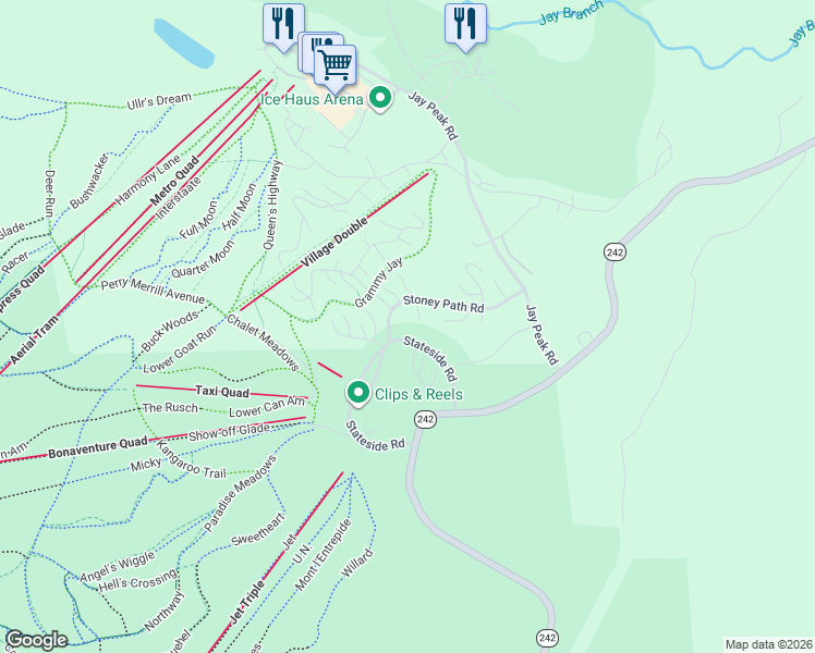 map of restaurants, bars, coffee shops, grocery stores, and more near 42 Queens Road in Jay