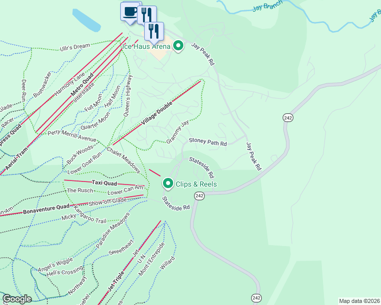 map of restaurants, bars, coffee shops, grocery stores, and more near 42 Queens Road in Jay