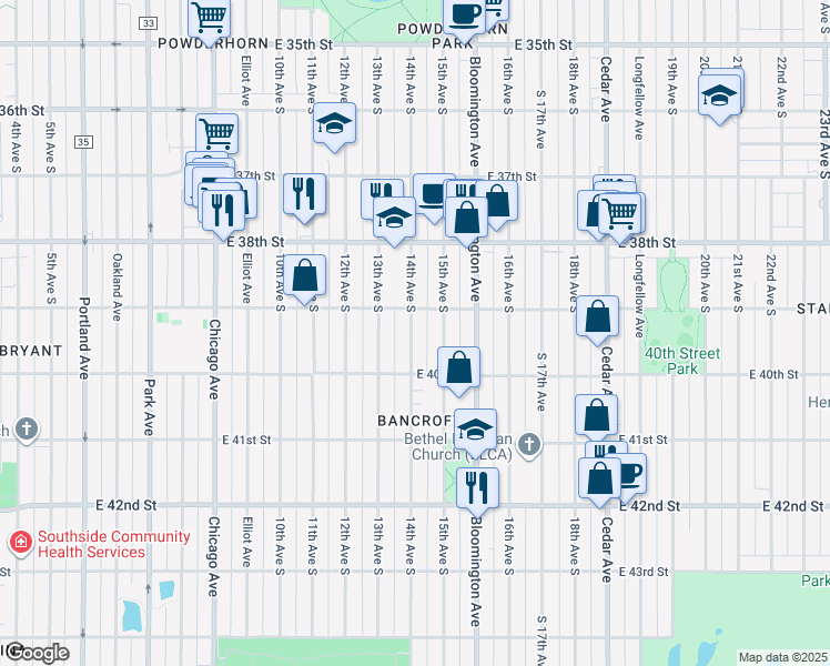 map of restaurants, bars, coffee shops, grocery stores, and more near 3946 14th Avenue South in Minneapolis