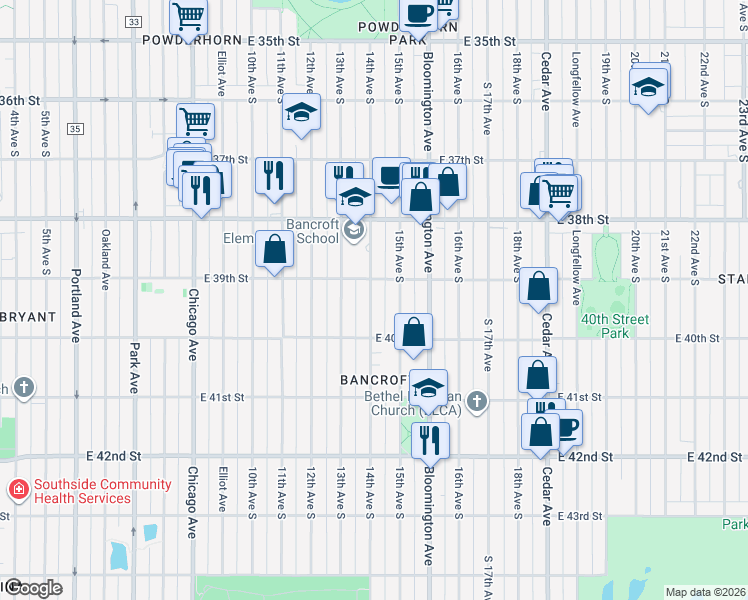 map of restaurants, bars, coffee shops, grocery stores, and more near 3946 14th Avenue South in Minneapolis