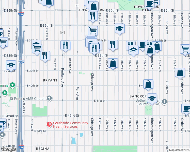 map of restaurants, bars, coffee shops, grocery stores, and more near 3945 Chicago Avenue in Minneapolis