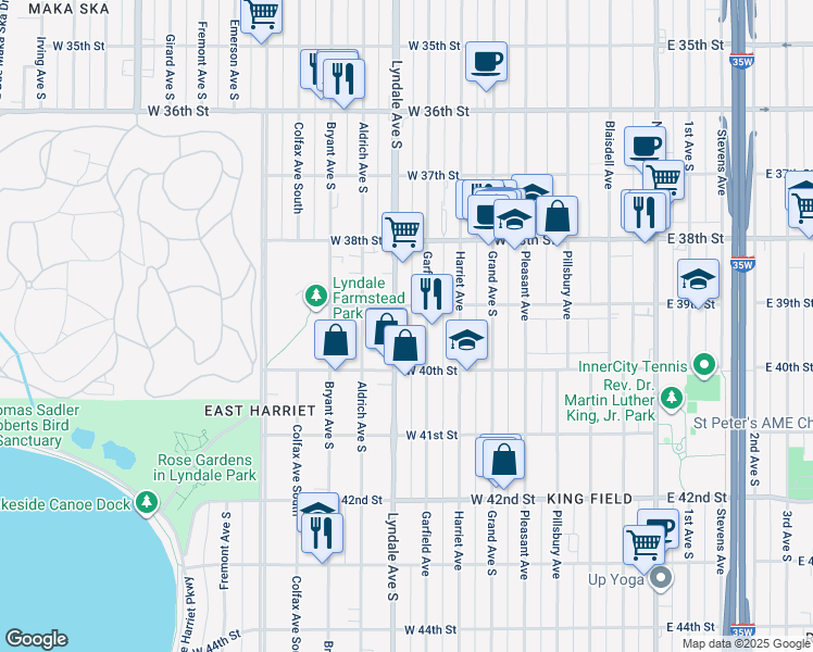 map of restaurants, bars, coffee shops, grocery stores, and more near 3945 Lyndale Avenue South in Minneapolis
