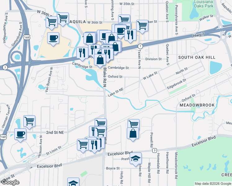 map of restaurants, bars, coffee shops, grocery stores, and more near 33 14th Avenue North in Hopkins