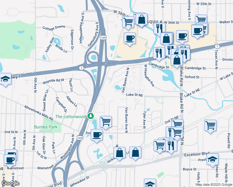 map of restaurants, bars, coffee shops, grocery stores, and more near 502 Shadyside Circle in Hopkins