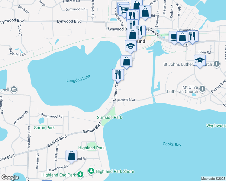 map of restaurants, bars, coffee shops, grocery stores, and more near 2606 Commerce Boulevard in Mound
