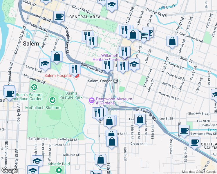 map of restaurants, bars, coffee shops, grocery stores, and more near 698 Oregon 99E Business in Salem