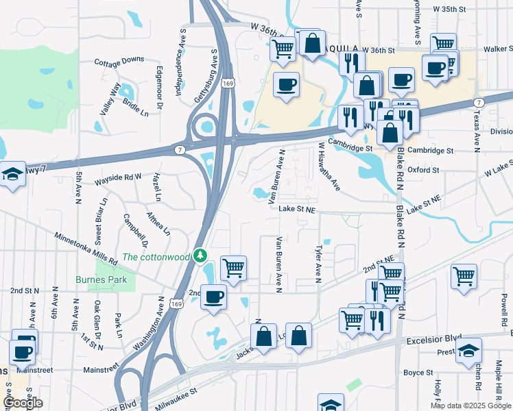 map of restaurants, bars, coffee shops, grocery stores, and more near 502 Shadyside Circle in Hopkins