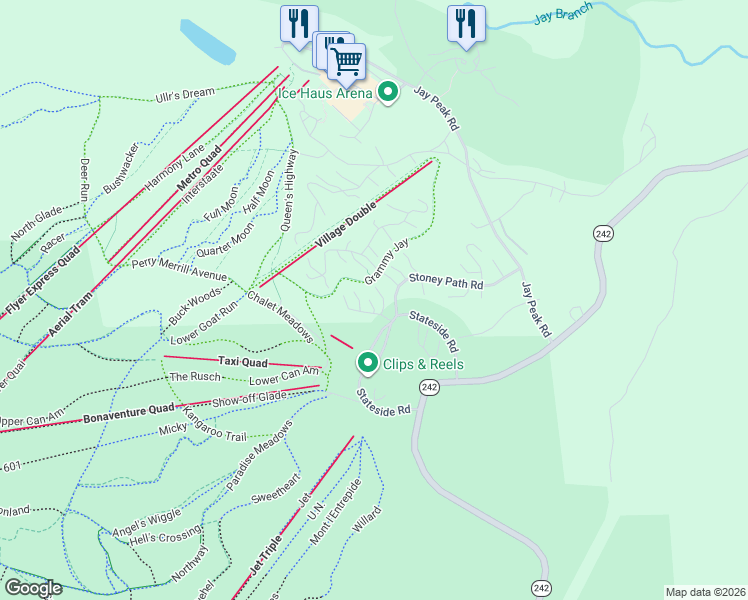 map of restaurants, bars, coffee shops, grocery stores, and more near 42 Queens Road in Jay