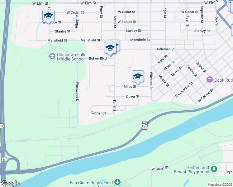 map of restaurants, bars, coffee shops, grocery stores, and more near 512 Terrill Street in Chippewa Falls