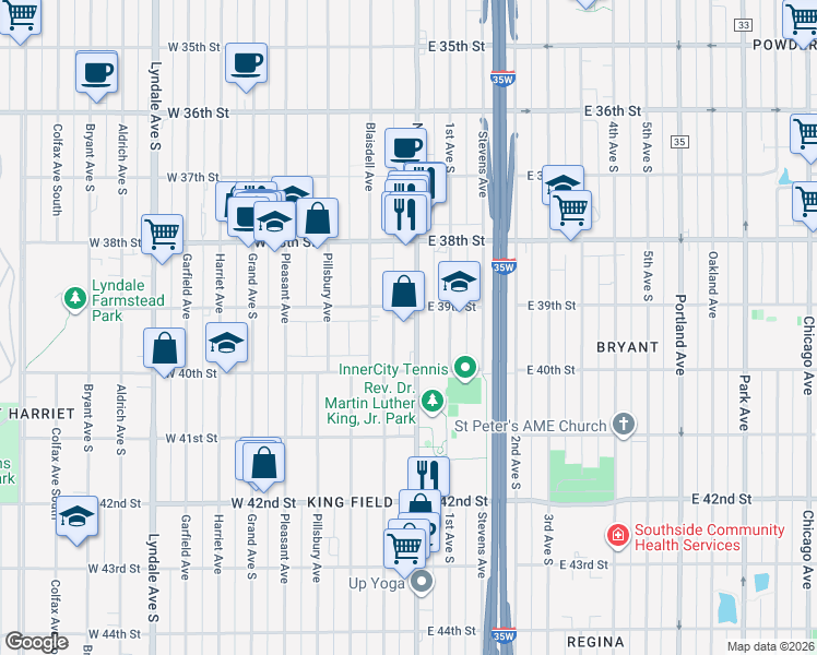 map of restaurants, bars, coffee shops, grocery stores, and more near 3944 Van Nest Avenue in Minneapolis