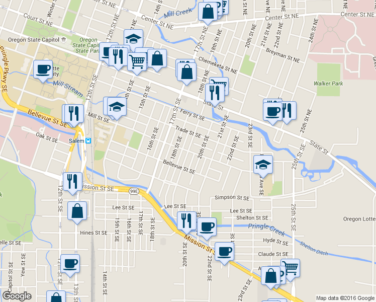 map of restaurants, bars, coffee shops, grocery stores, and more near Mill St SE & 19th St SE in Salem
