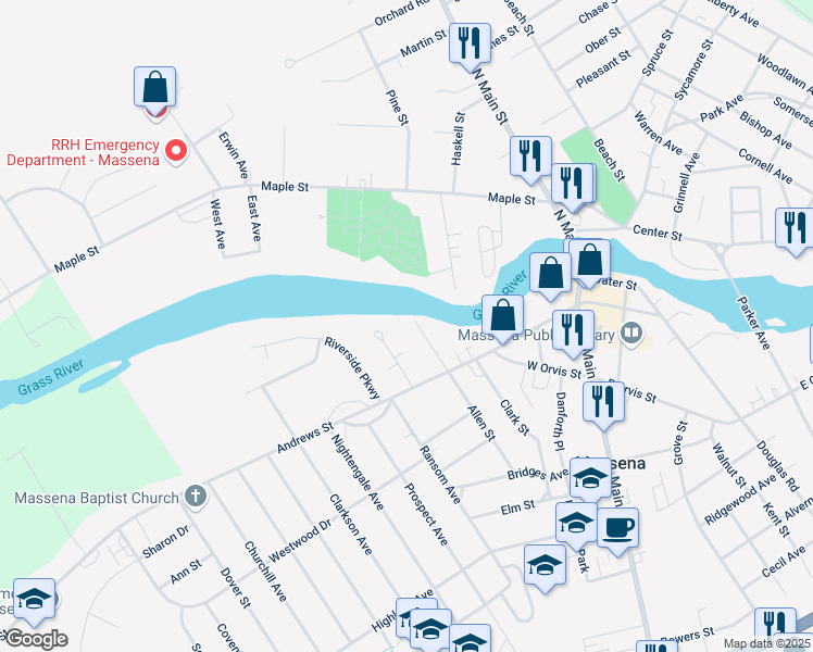 map of restaurants, bars, coffee shops, grocery stores, and more near 10 North Allen Street in Massena