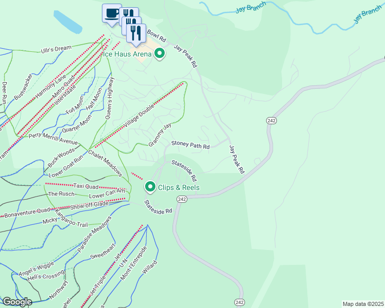 map of restaurants, bars, coffee shops, grocery stores, and more near 434 Jay Peak Road in Jay