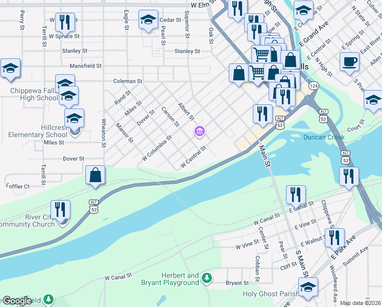 map of restaurants, bars, coffee shops, grocery stores, and more near 606 West Grand Avenue in Chippewa Falls