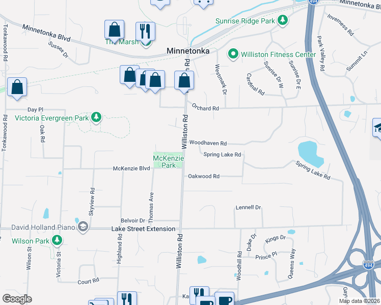 map of restaurants, bars, coffee shops, grocery stores, and more near 14714 Woodhaven Road in Minnetonka