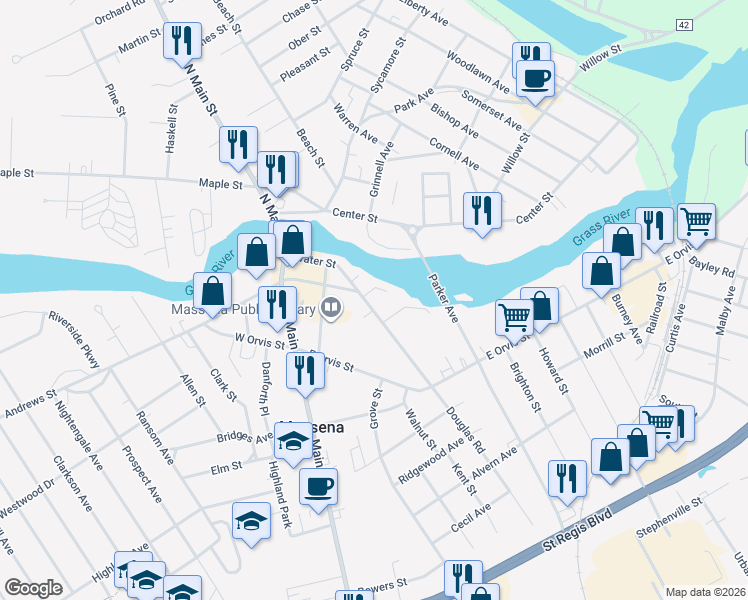 map of restaurants, bars, coffee shops, grocery stores, and more near 70 Water St in Massena