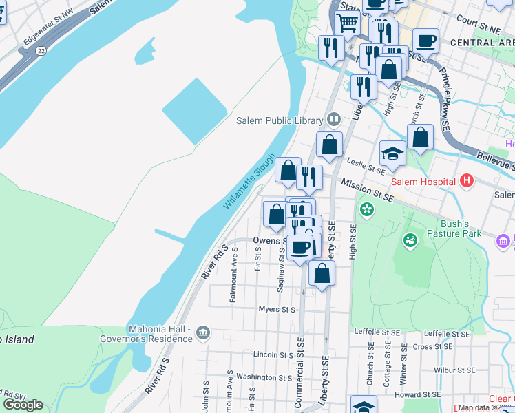 map of restaurants, bars, coffee shops, grocery stores, and more near 295 Kearney Street South in Salem