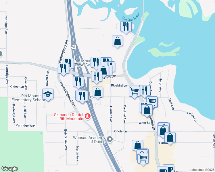 map of restaurants, bars, coffee shops, grocery stores, and more near 151507 County Road NN in Wausau