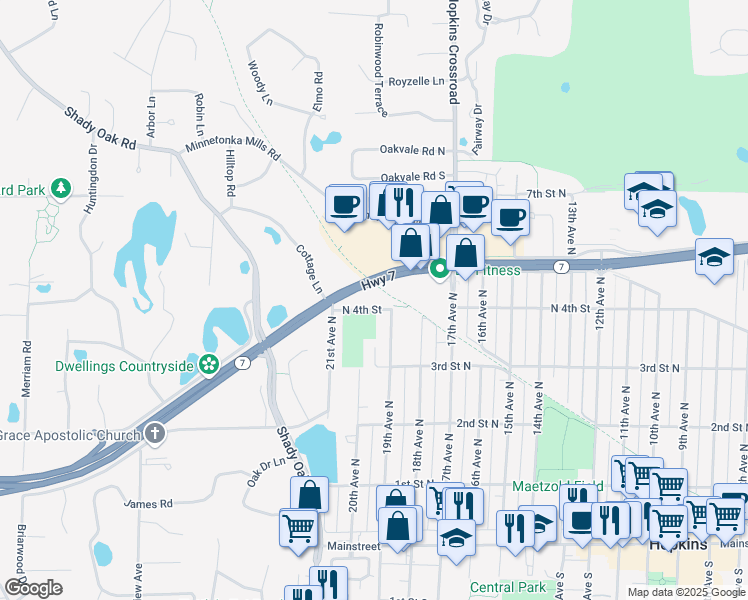 map of restaurants, bars, coffee shops, grocery stores, and more near Lake Minnetonka LRT Regional Trail in Hopkins