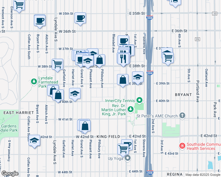 map of restaurants, bars, coffee shops, grocery stores, and more near 118 West 39th Street in Minneapolis