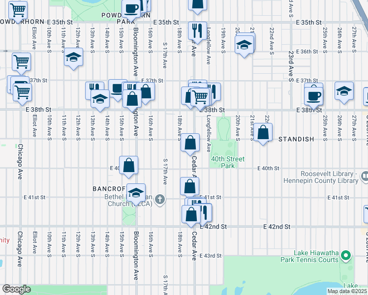 map of restaurants, bars, coffee shops, grocery stores, and more near 3846 Cedar Avenue in Minneapolis