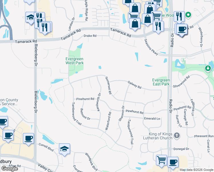 map of restaurants, bars, coffee shops, grocery stores, and more near 8030 Somerset Road in Woodbury