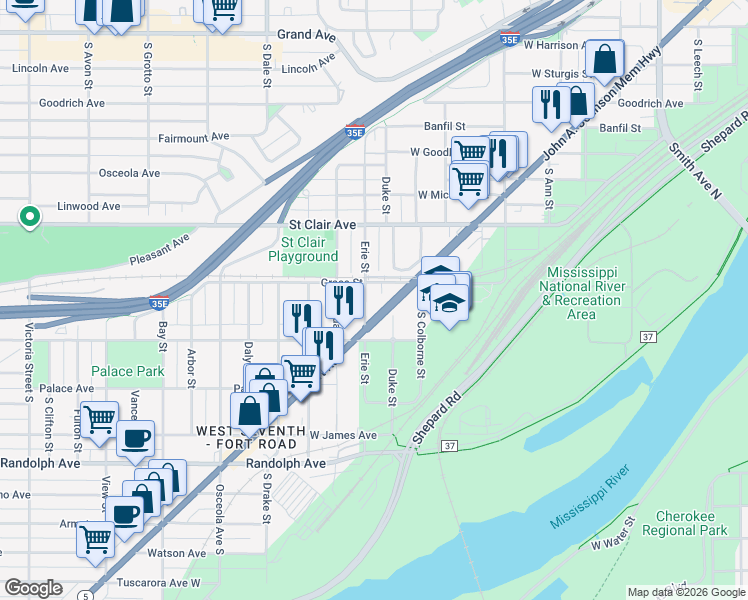 map of restaurants, bars, coffee shops, grocery stores, and more near 288 Erie Street in Saint Paul
