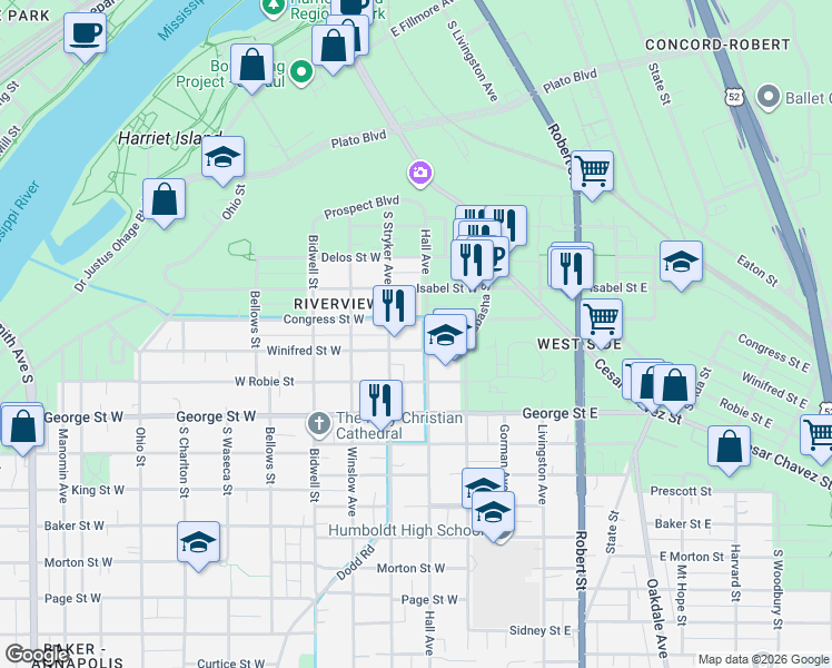 map of restaurants, bars, coffee shops, grocery stores, and more near 449 Hall Avenue in Saint Paul
