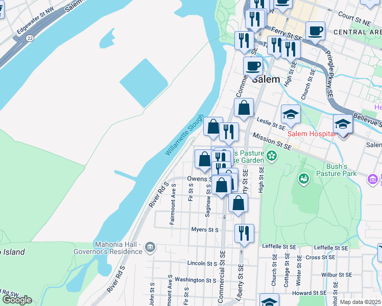 map of restaurants, bars, coffee shops, grocery stores, and more near 945 Fir Street South in Salem
