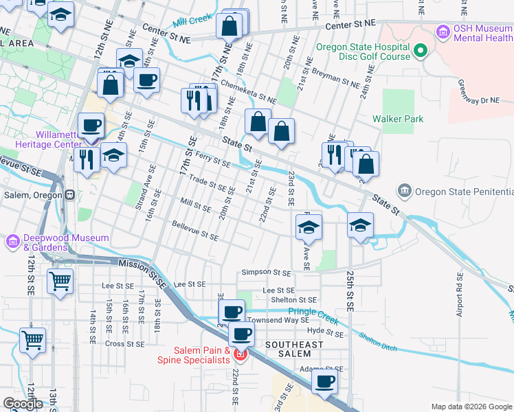 map of restaurants, bars, coffee shops, grocery stores, and more near 260 21st Street Southeast in Salem