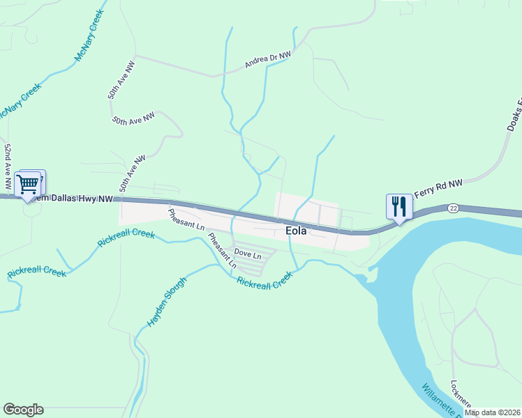 map of restaurants, bars, coffee shops, grocery stores, and more near 4655 Salem Dallas Highway Northwest in Salem
