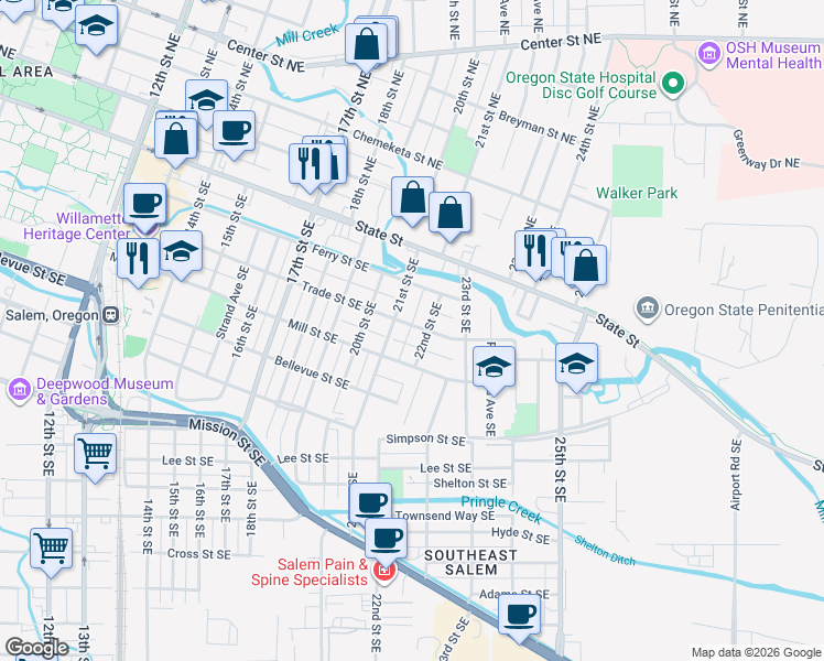 map of restaurants, bars, coffee shops, grocery stores, and more near 260 21st Street Southeast in Salem
