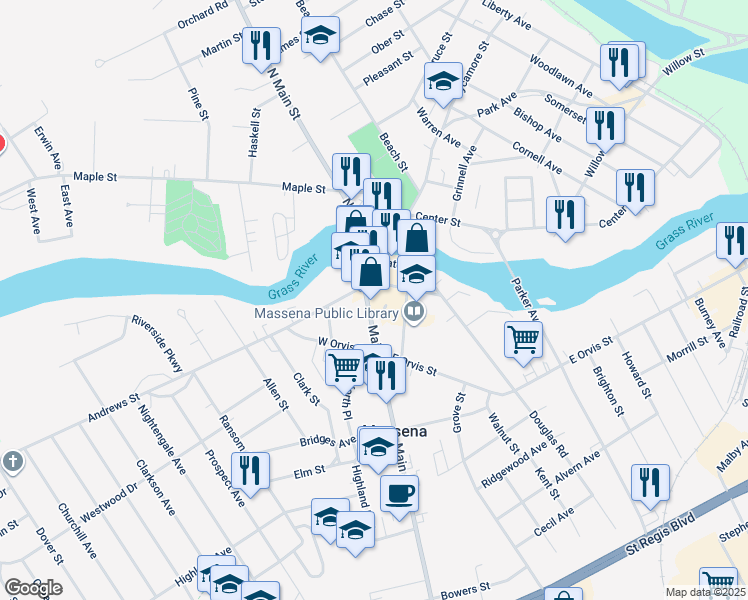 map of restaurants, bars, coffee shops, grocery stores, and more near 22 Phillips St in Massena