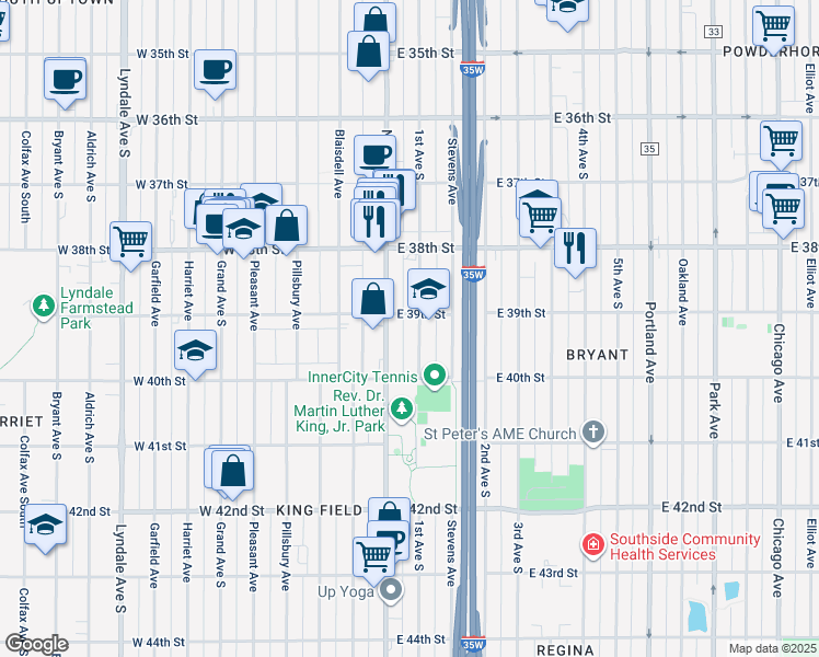 map of restaurants, bars, coffee shops, grocery stores, and more near 6 East 39th Street in Minneapolis