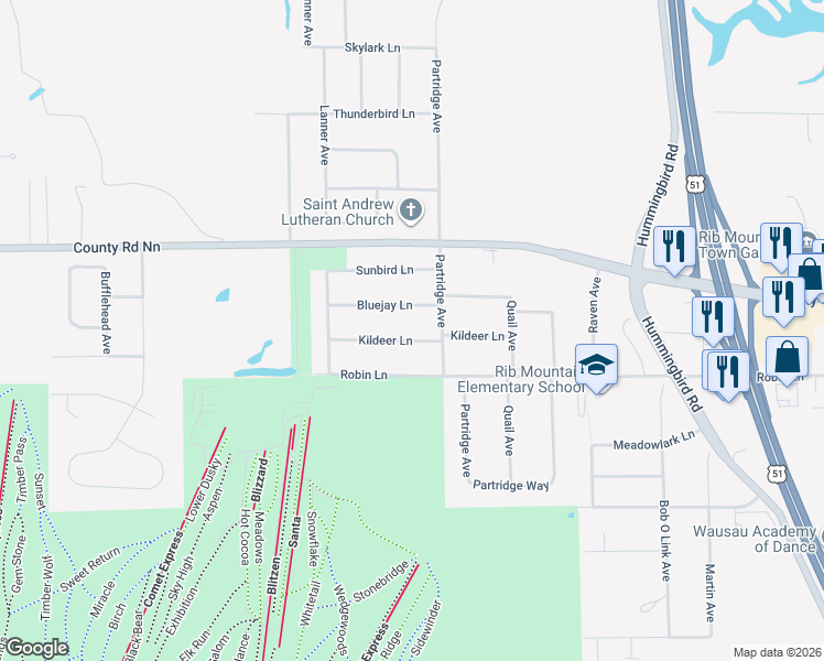 map of restaurants, bars, coffee shops, grocery stores, and more near 2702 Partridge Avenue in Wausau