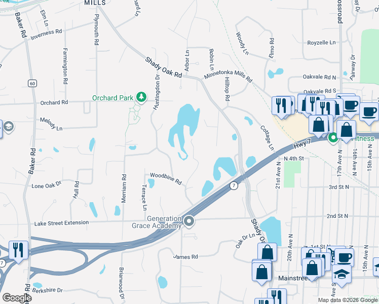 map of restaurants, bars, coffee shops, grocery stores, and more near 3908 Auburn Drive in Hopkins