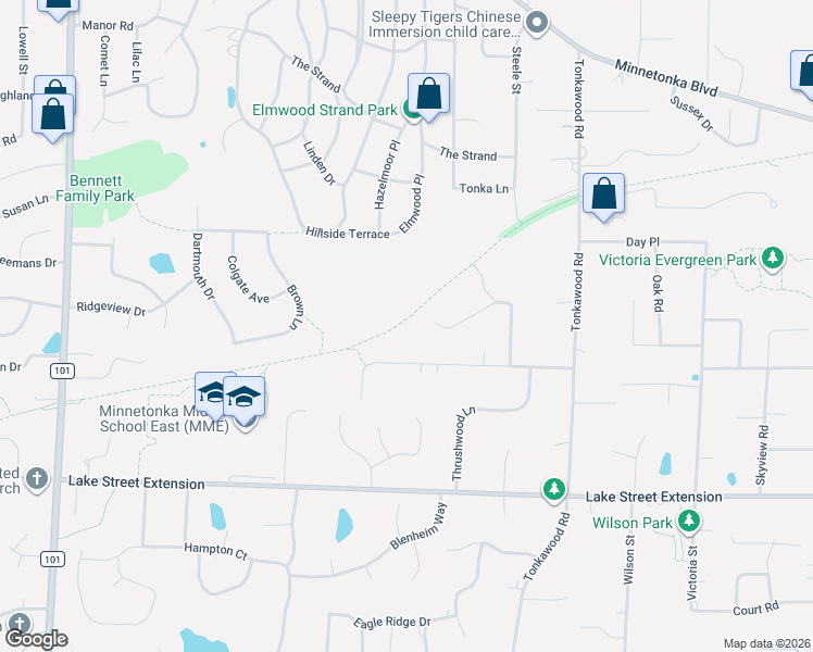 map of restaurants, bars, coffee shops, grocery stores, and more near 16418 Pine Street in Minnetonka
