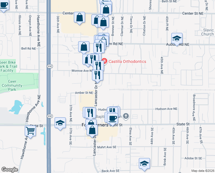 map of restaurants, bars, coffee shops, grocery stores, and more near 341-343 Aaron Court Northeast in Salem