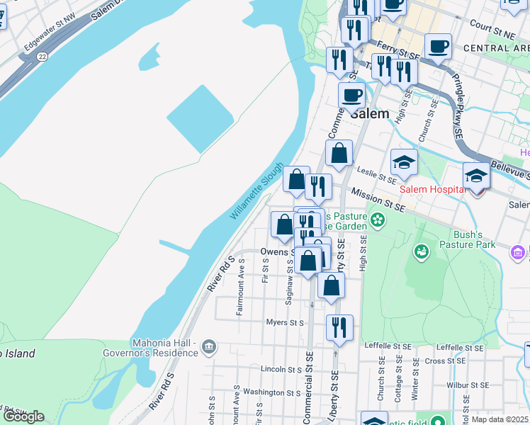map of restaurants, bars, coffee shops, grocery stores, and more near 295 Kearney Street South in Salem