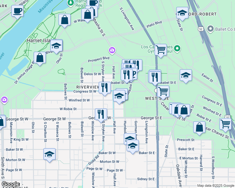 map of restaurants, bars, coffee shops, grocery stores, and more near 7 Congress Street West in Saint Paul