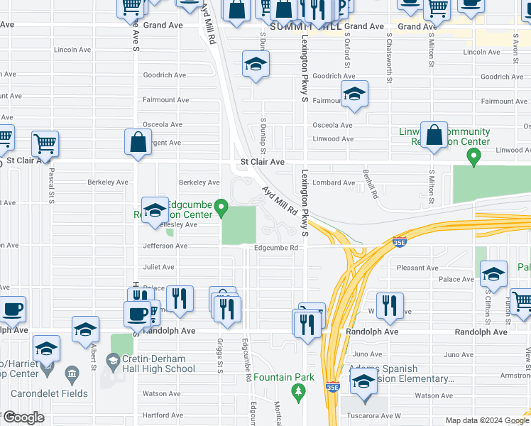 map of restaurants, bars, coffee shops, grocery stores, and more near 289 Lexington Parkway South in Saint Paul