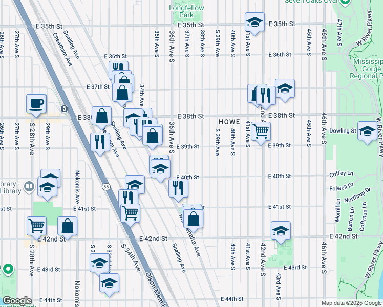 map of restaurants, bars, coffee shops, grocery stores, and more near 3857 37th Avenue South in Minneapolis