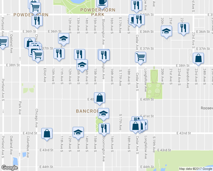 map of restaurants, bars, coffee shops, grocery stores, and more near 3849 Bloomington Avenue in Minneapolis