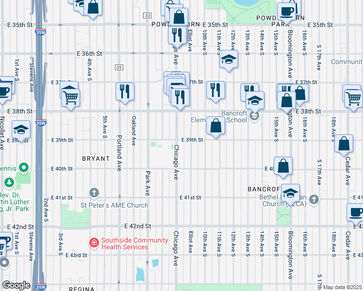 map of restaurants, bars, coffee shops, grocery stores, and more near in Minneapolis