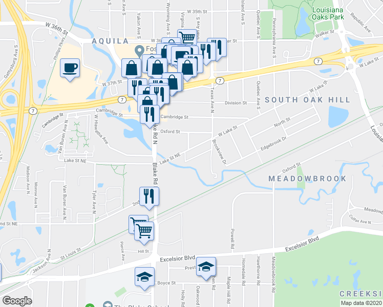 map of restaurants, bars, coffee shops, grocery stores, and more near 1405 Lake Street Northeast in Hopkins